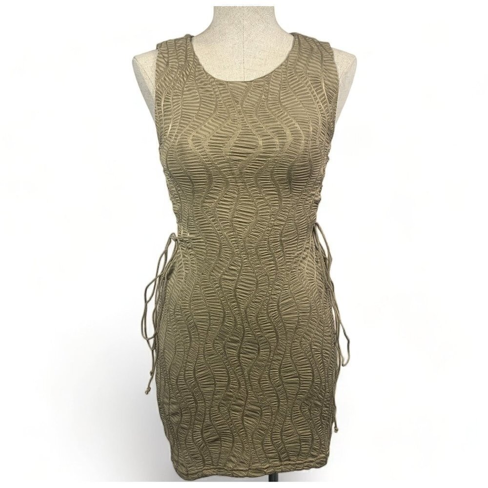 Shein Bae Gold Woven Body Con Sheath Dress Cut Out Sides With Laces Sz Med NWT